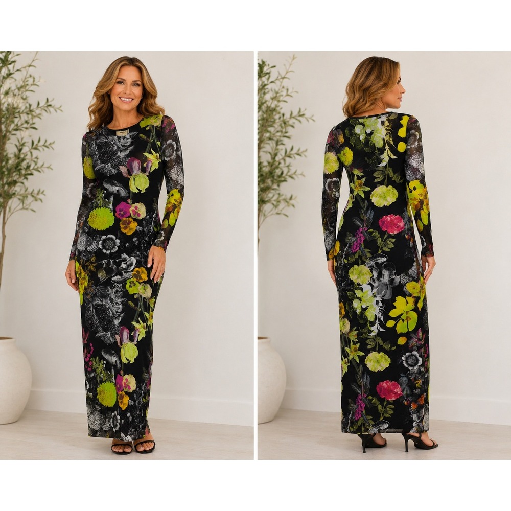 Fuzzi 1954 Italy Floral Mesh Maxi Dress L Black Long Sleeve Stretch Whimsigoth